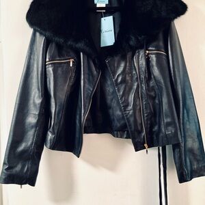 Marciano Black Leather Jacket with Rabbit Fur Collar and Belt